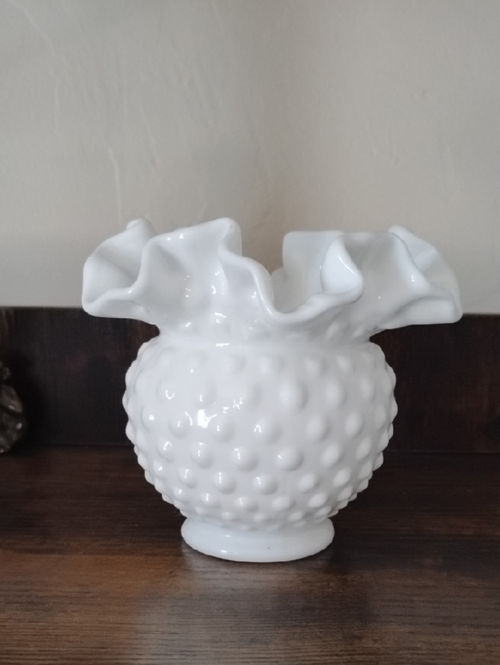Fenton White Hobnail Ruffled Milk Glass Vase